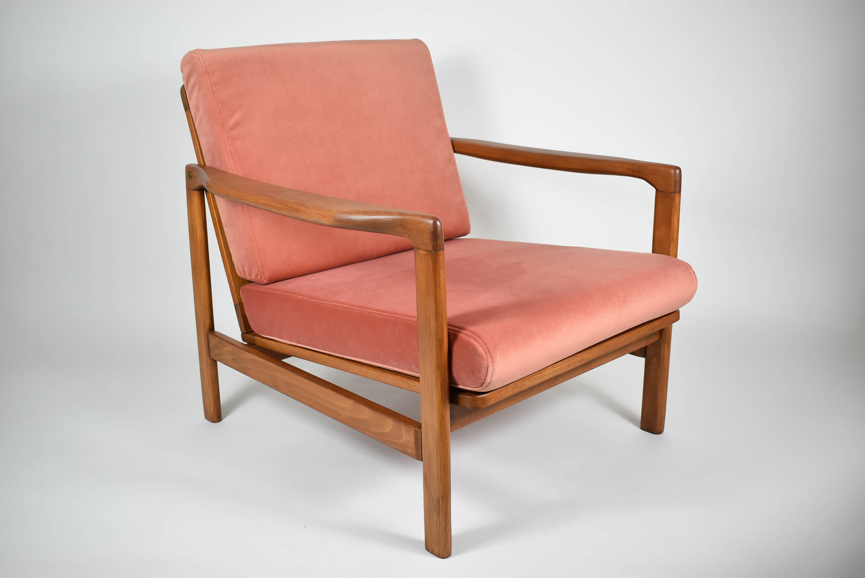Scandinavian original armchair Baczyk, 1960s, renovation, pink, velvet, teak