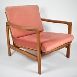 Scandinavian original armchair Baczyk, 1960s, renovation, pink, velvet, teak