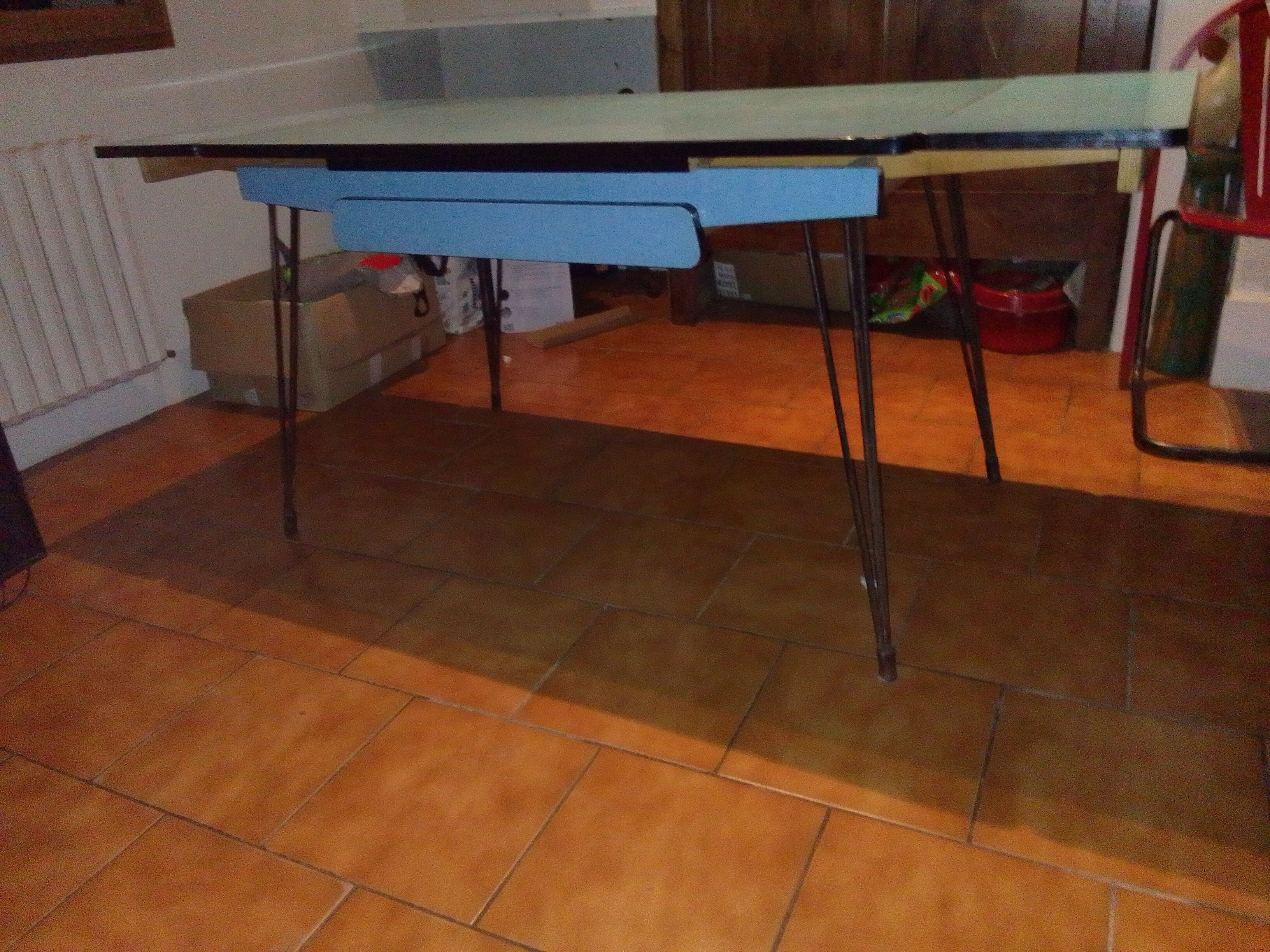 Blue formica table drawer foot effel with extension