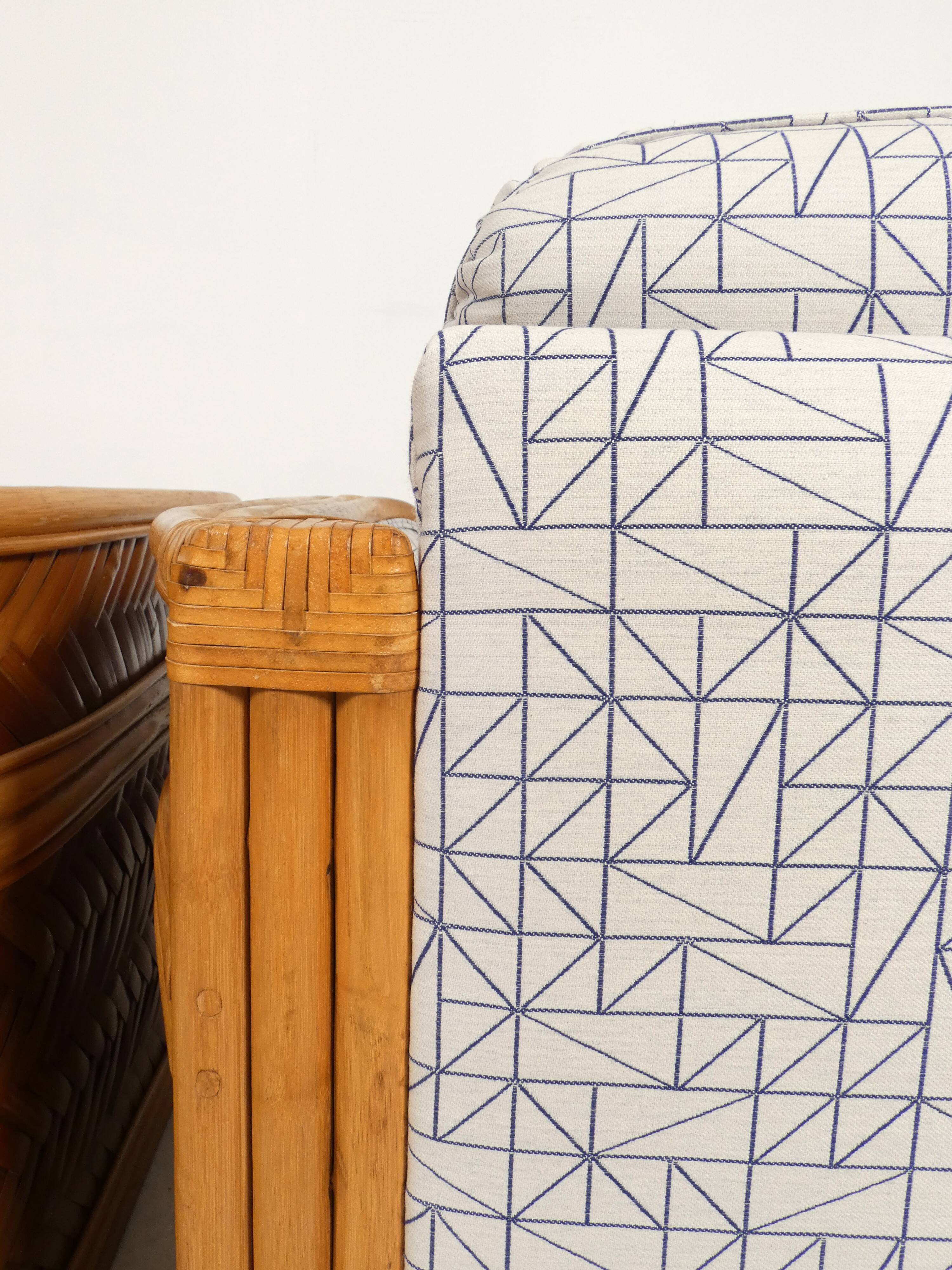 Set of 2 bamboo and rattan fauteuils with graphic fabric