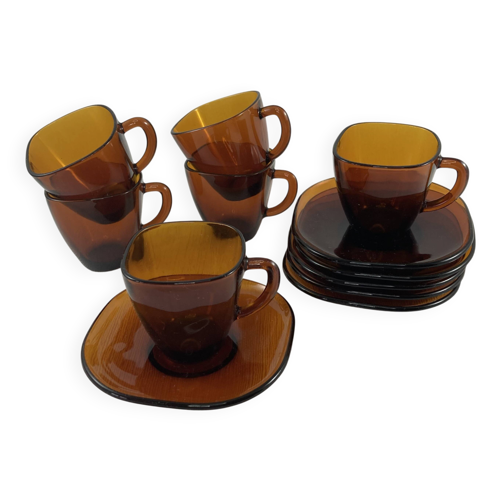 Service of 6 coffee cups and saucers Vereco amber glass design 1970