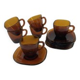 Service of 6 coffee cups and saucers Vereco amber glass design 1970