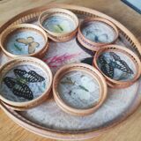 Vintage rattan tray with 6 under glasses