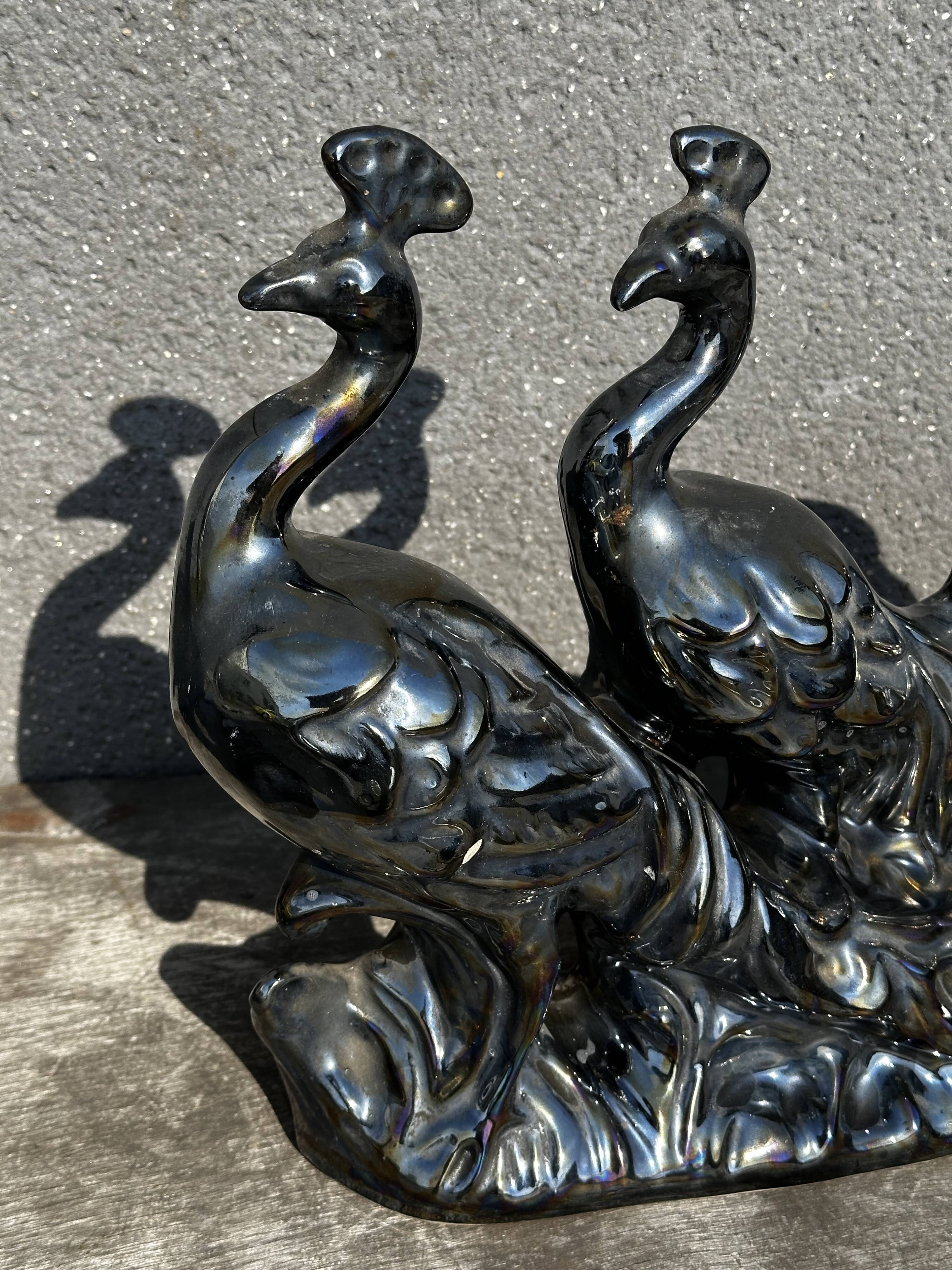 Centerpiece Pair of Peacocks Ceramic Vallauris Iridescent Anthracite Grey