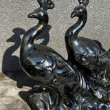 Centerpiece Pair of Peacocks Ceramic Vallauris Iridescent Anthracite Grey