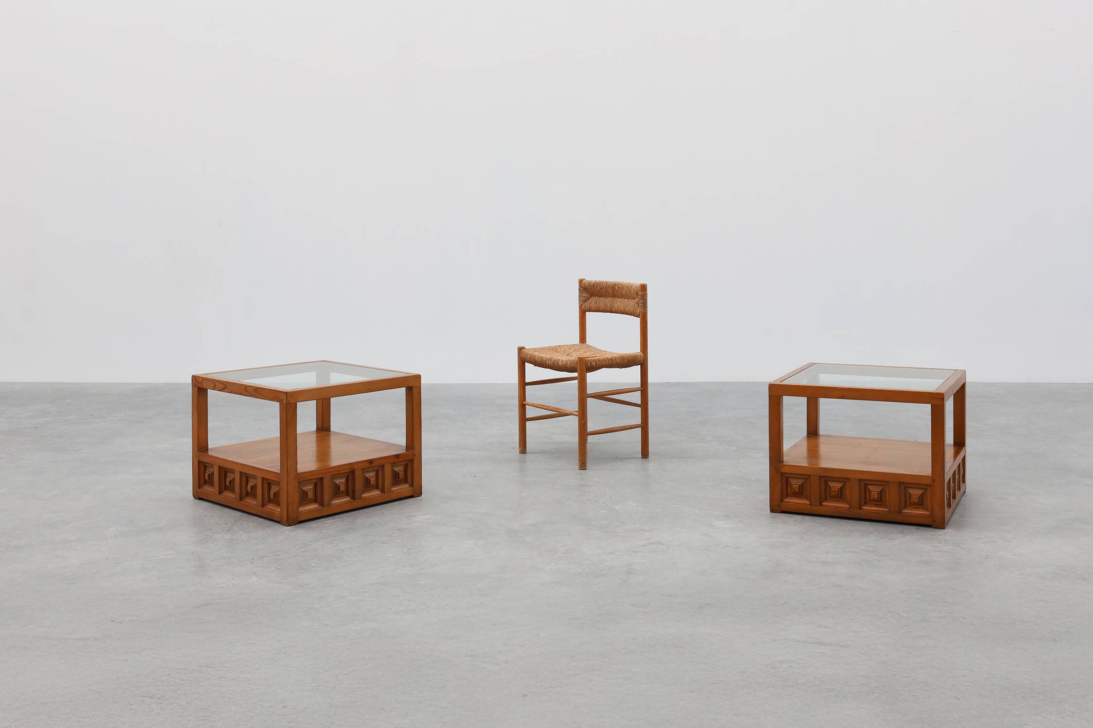 Pair geographical designed square Biosca coffee tables in pine wood, Spain