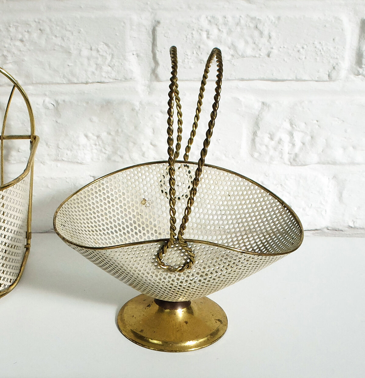White and gold basket in perforated sheet metal & brass years 1950-60