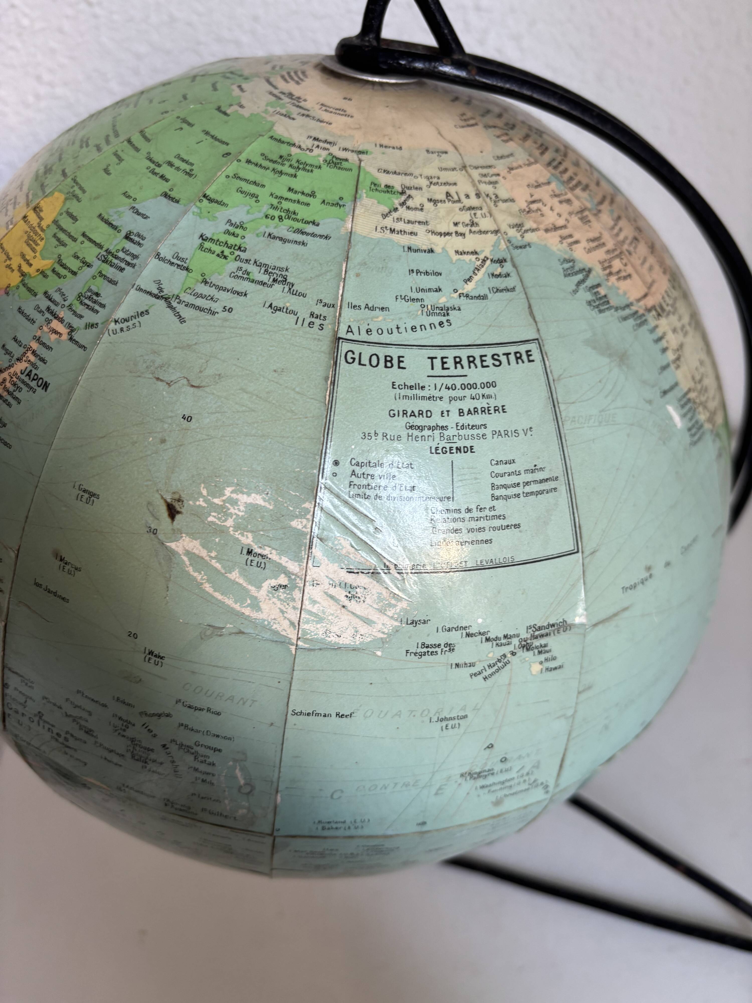 Vintage 1960 globe terrestrial world map Girard Barrère - 33 cm
