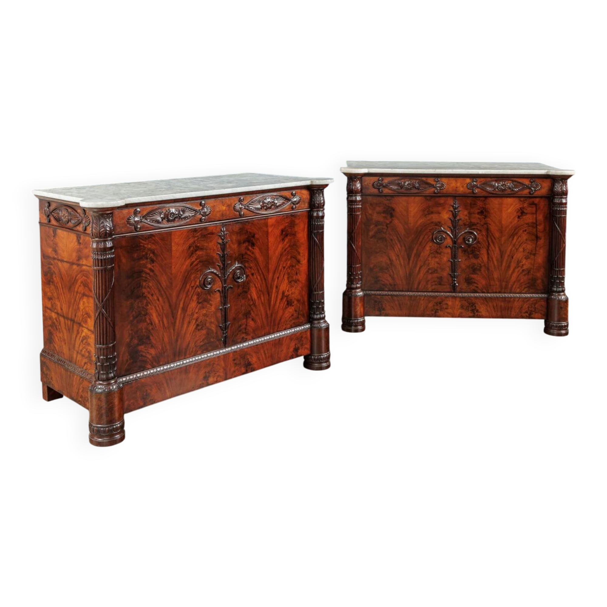 Restored antique buffets in chestnut, mahogany, and marble, 19th century.