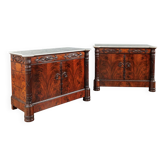 Restored antique buffets in chestnut, mahogany, and marble, 19th century.