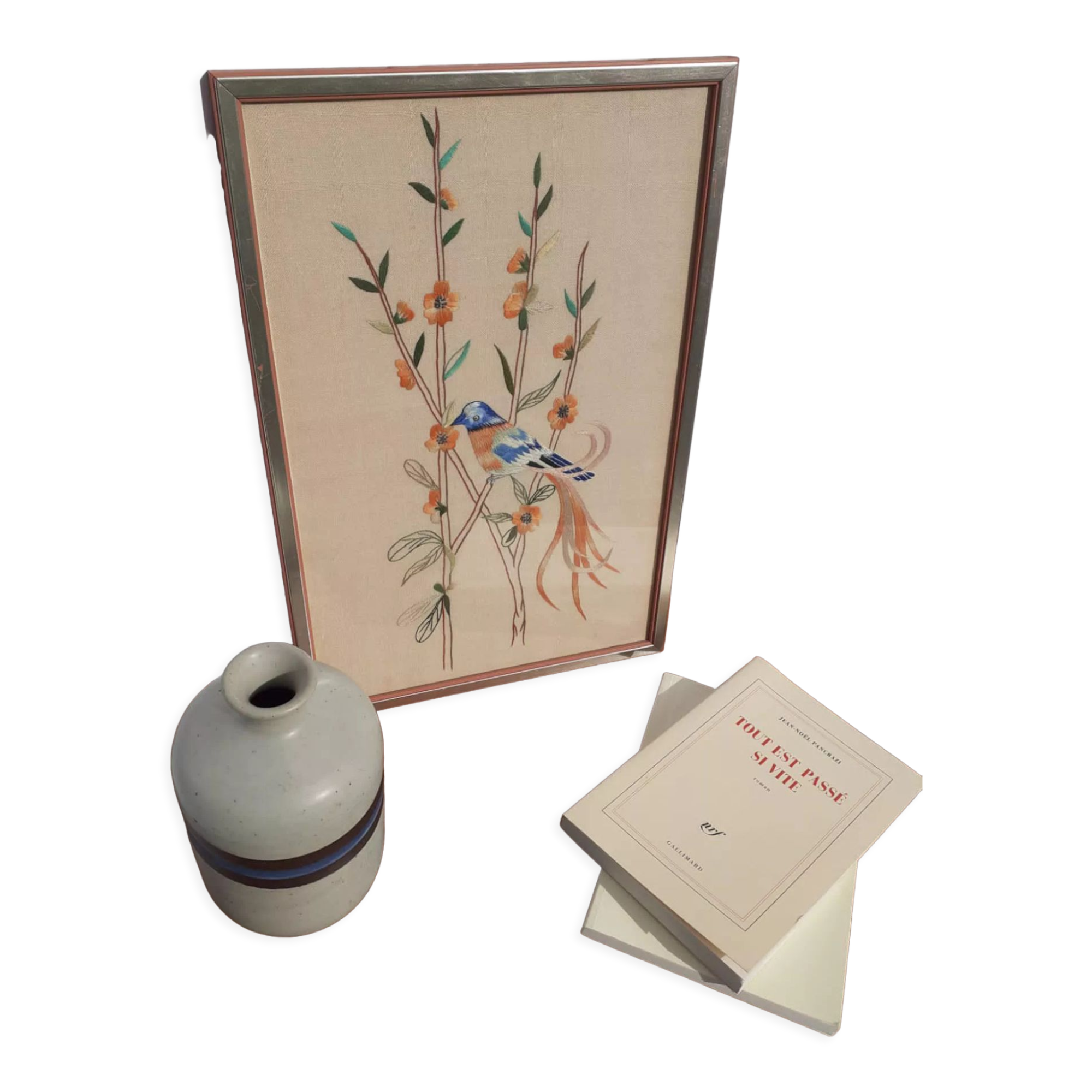 Embroidered picture blue and orange bird