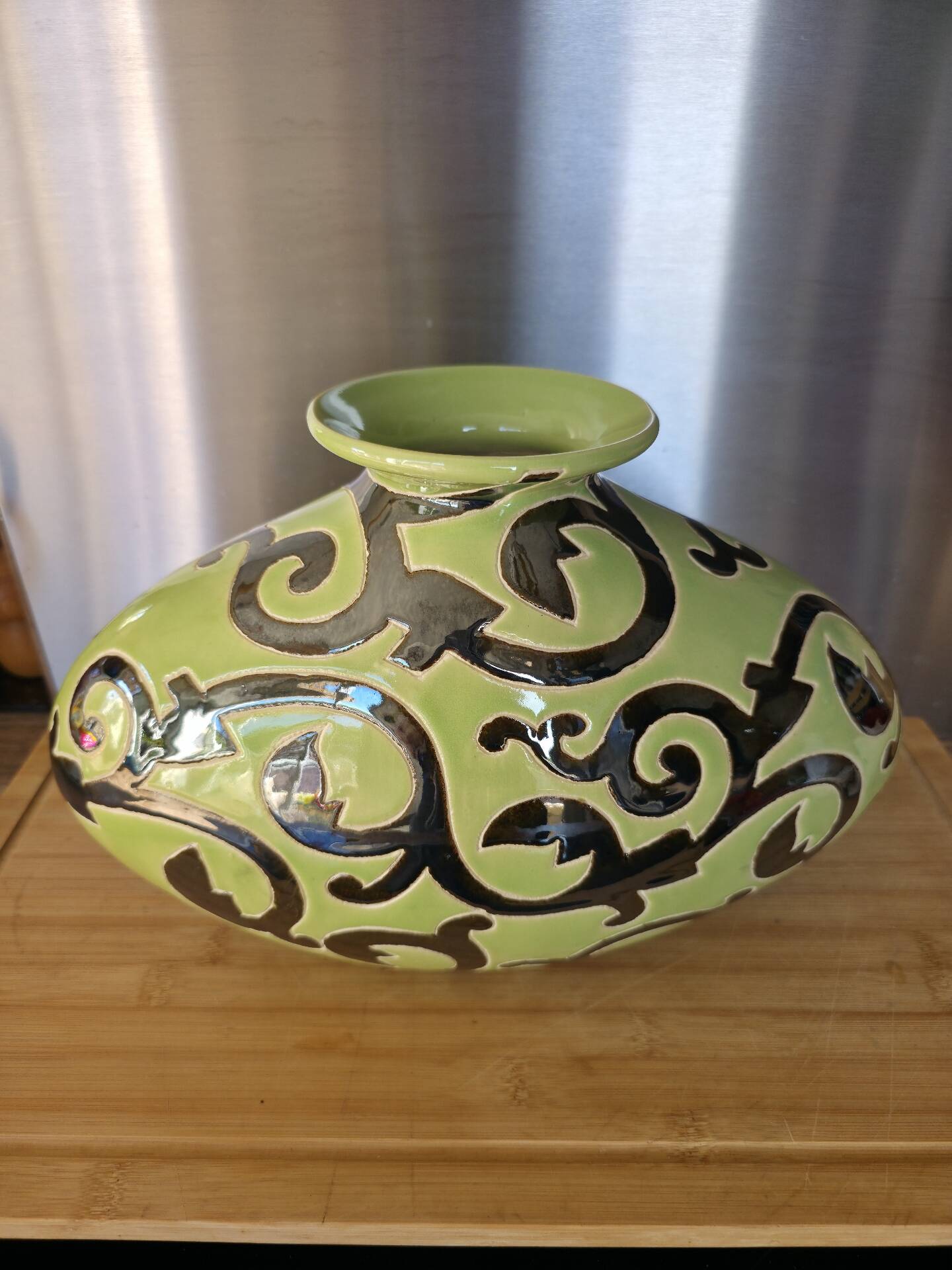 Vintage ceramic pebble vase green & black 35 cm