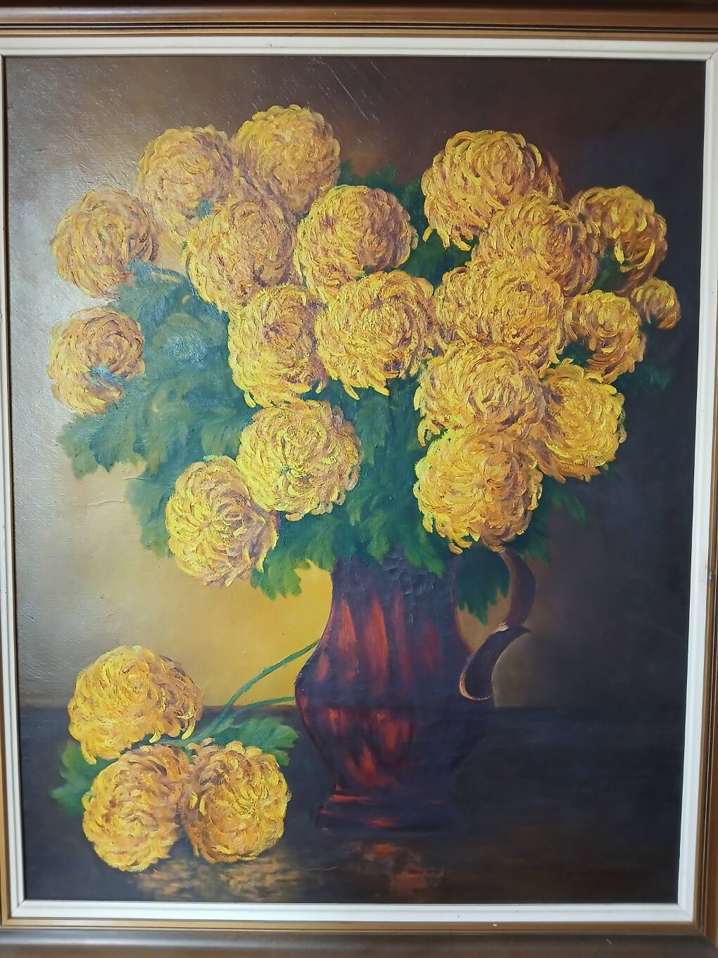 Signed painting - oil painting - bouquet of yellow pompoms