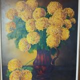 Tableau signé - peinture à l'huile - bouquet de pomponettes jaunes