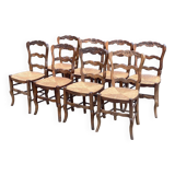 8 Louis XV chairs in solid oak and straw with shell sculptures