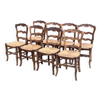 8 Louis XV chairs in solid oak and straw with shell sculptures