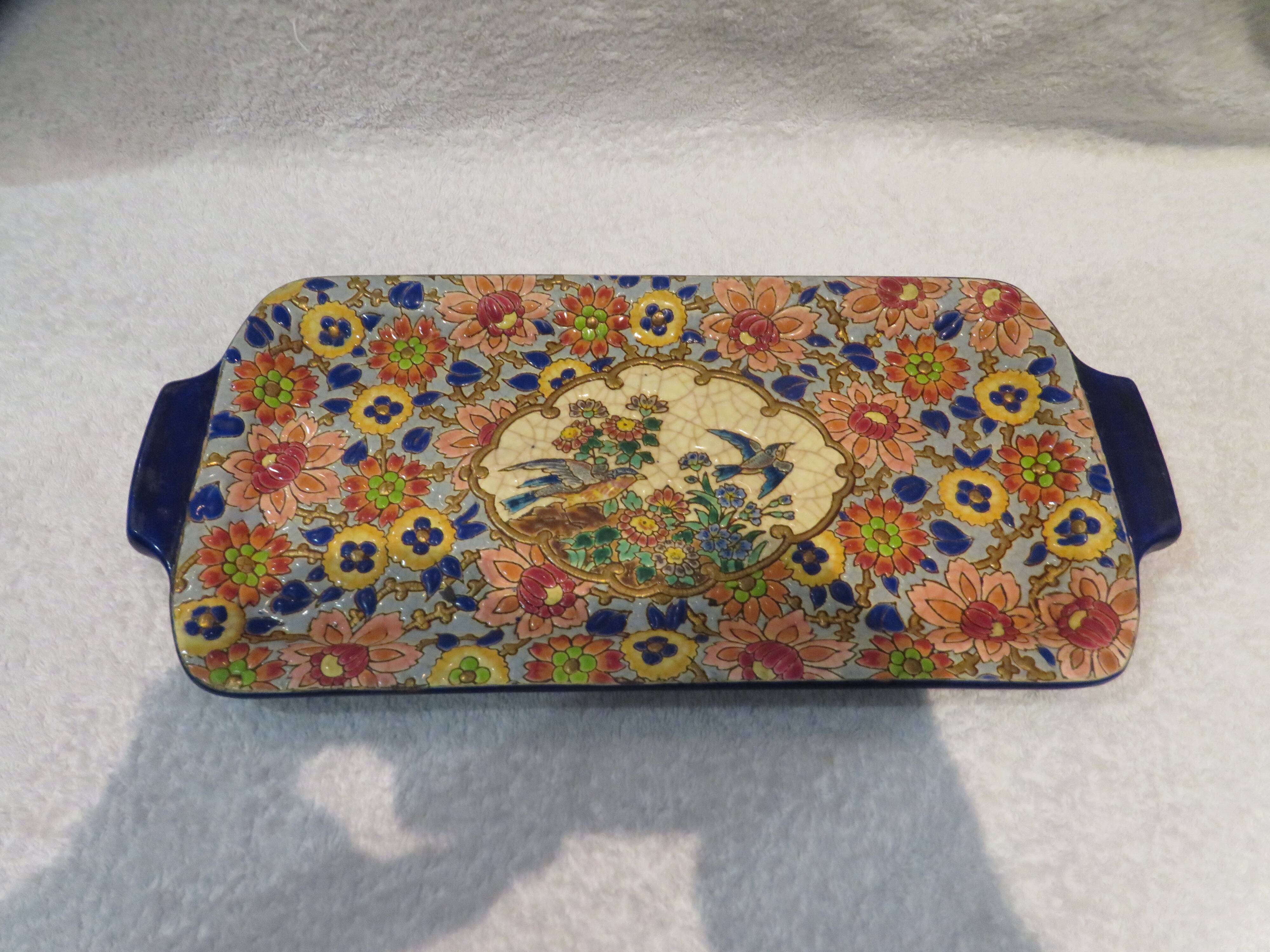 Plat à cake émaux de longwy style art deco décor oiseaux fond bleu clair