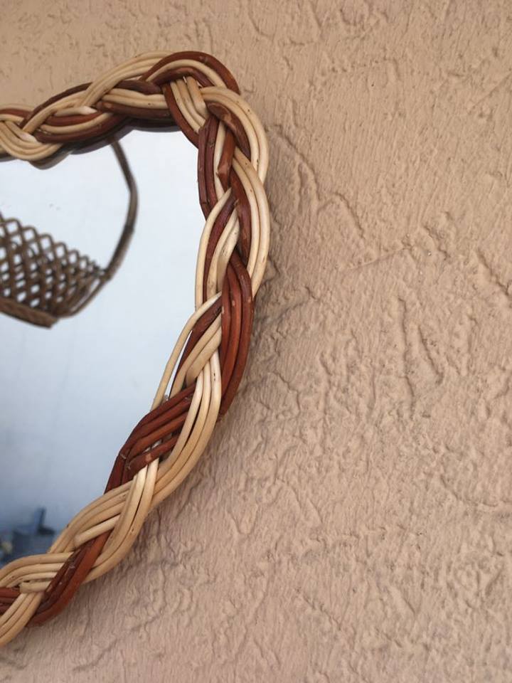 Heart shaped mirror two-tone braided wicker