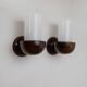 Vintage wall sconces from the 1960s, set of 2, dark wood with white glass shades, Mid-Century Modern lighting, sculptural wall sconces.