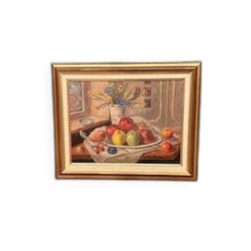 Huile sur toile originale – 'Nature morte avec vase et fruits' par Christian Rhode – Signée – Vintage et encadrée