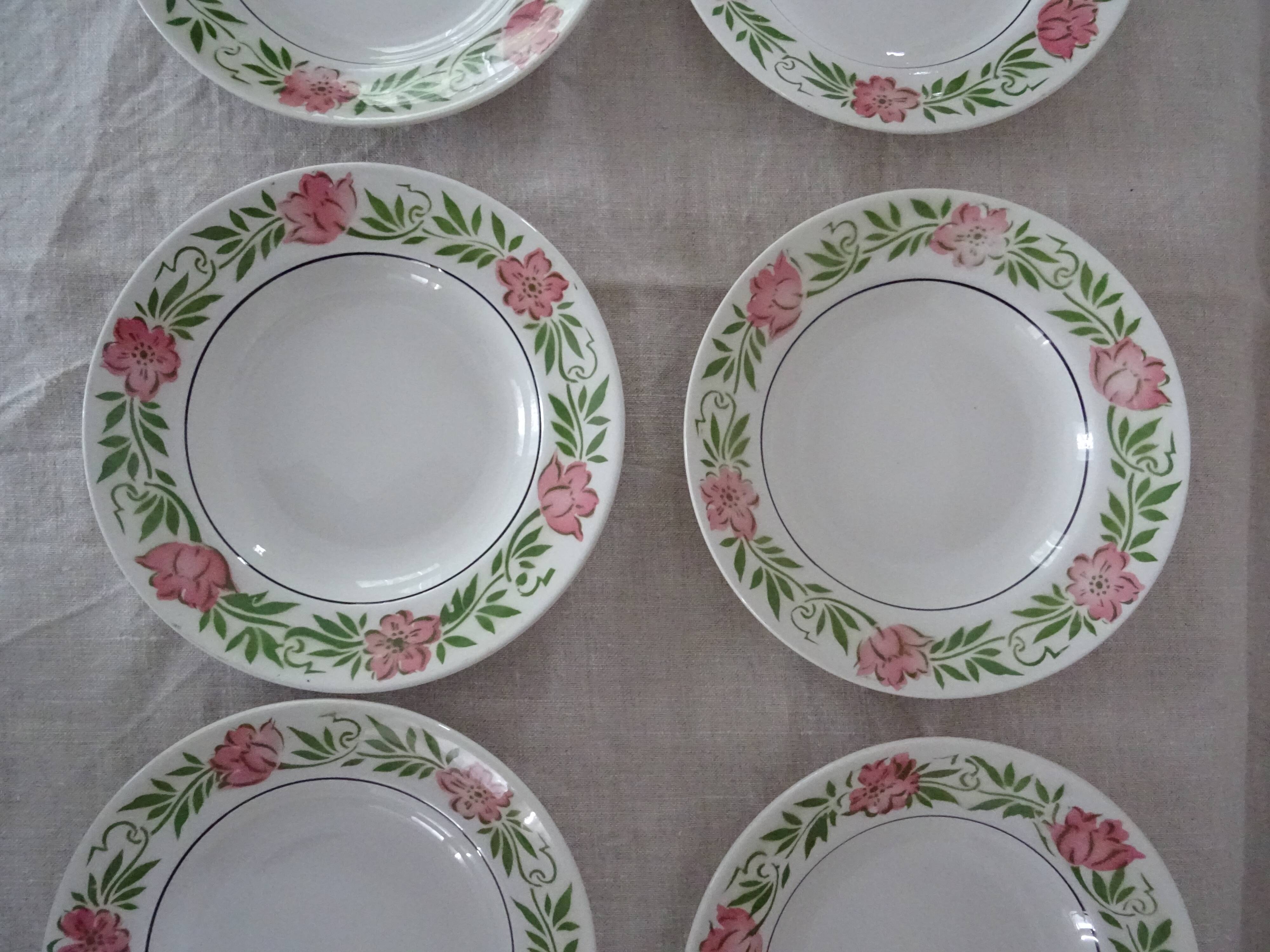 6 Plates wolf mill decoration flowers pink and green faience old