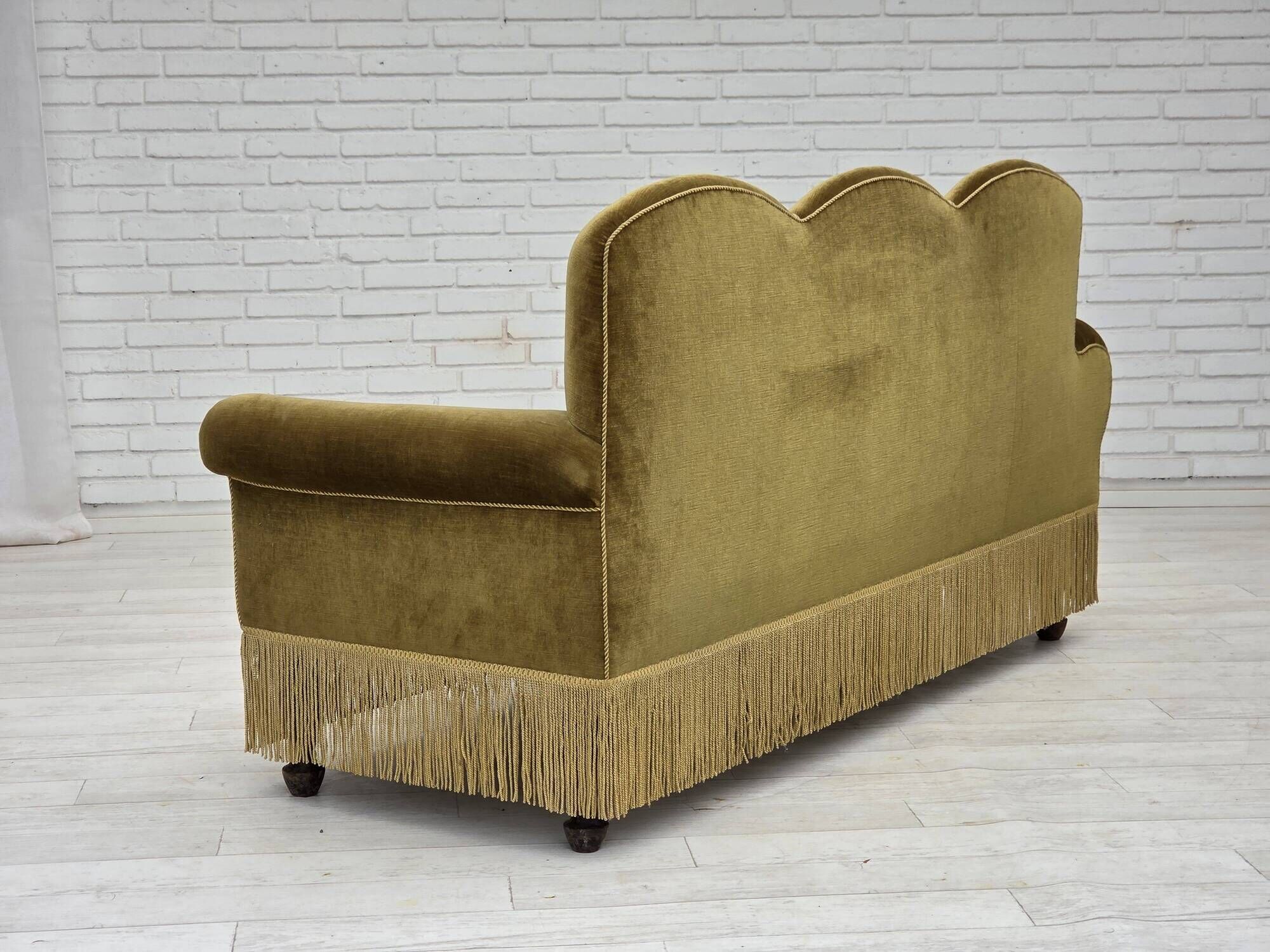 1950s, 2 seater sofa/daybed, light green furniture velour, ash wood legs.