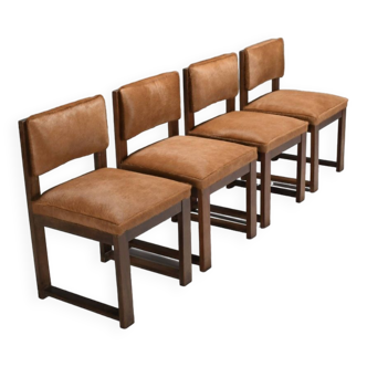 Set of 4 Minimalist Art Deco Dining Chairs in Cowhide, Netherlands, 1940s