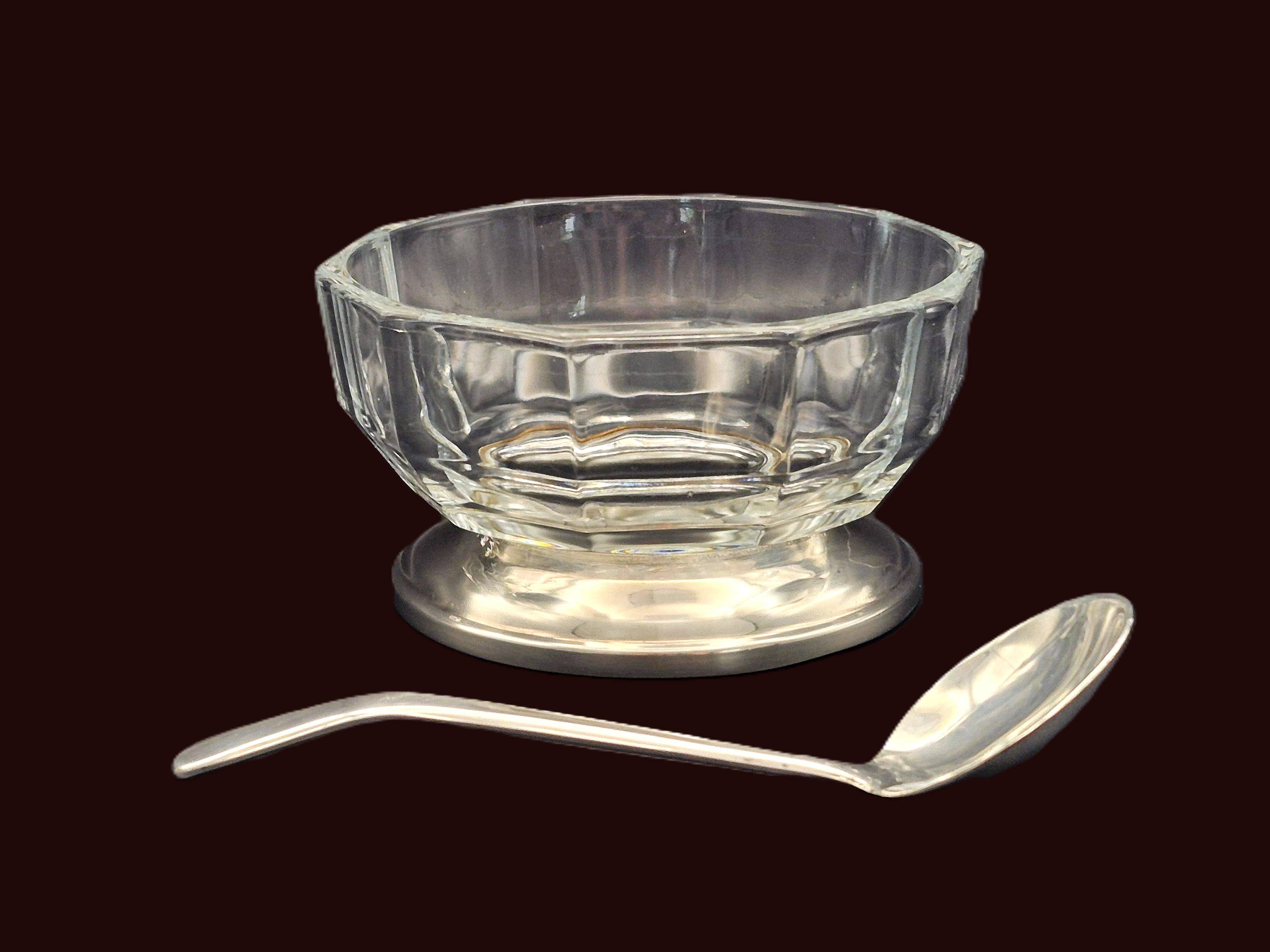 Art Deco thick crystal/glass bowl, silver-plated metal pedestal.