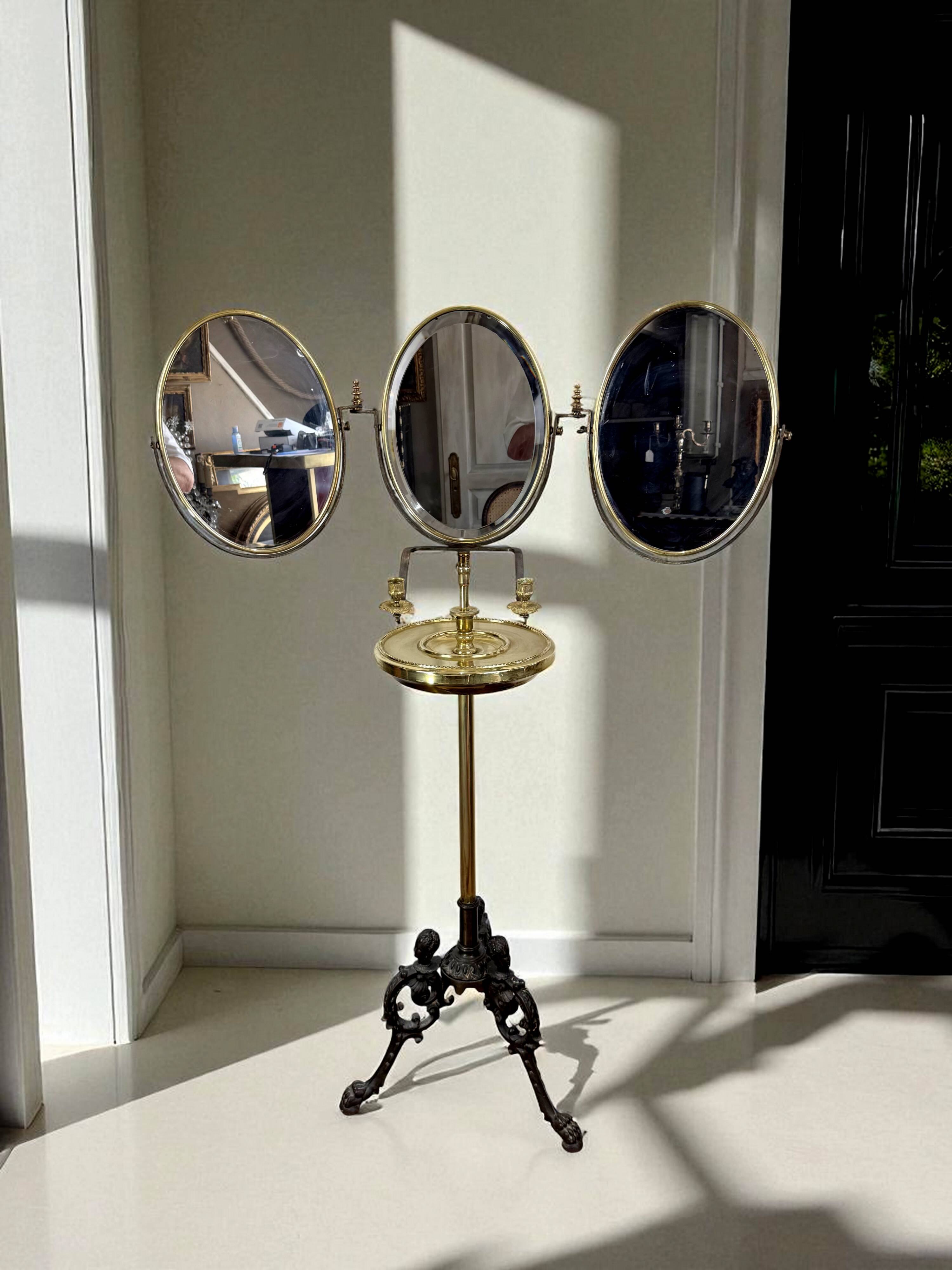 Miroir triptyque de barbier en laiton epoque napoleon iii réglable en haute
