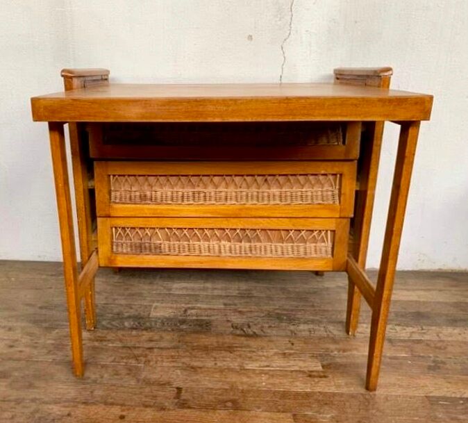 Modernist vintage chest of drawers in light chene has 3 drawers rattan top changing table