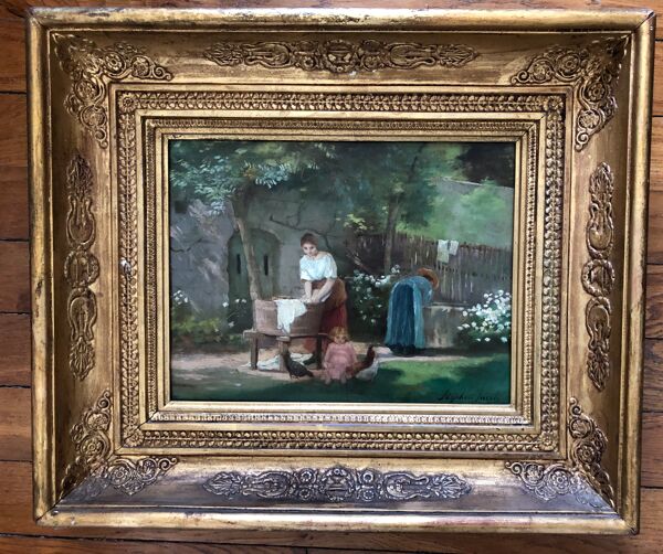 Tableau : huile sur panneau représentant une lavandière