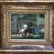 Tableau : huile sur panneau représentant une lavandière