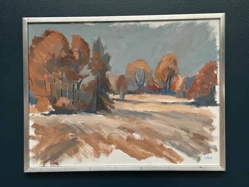 Original Swedish Oil on Canvas – “Red Autumn” by Knut Måsö (1926–2016) – Signed – Vintage & Framed – 57 × 44 cm (22.4" × 17.3")