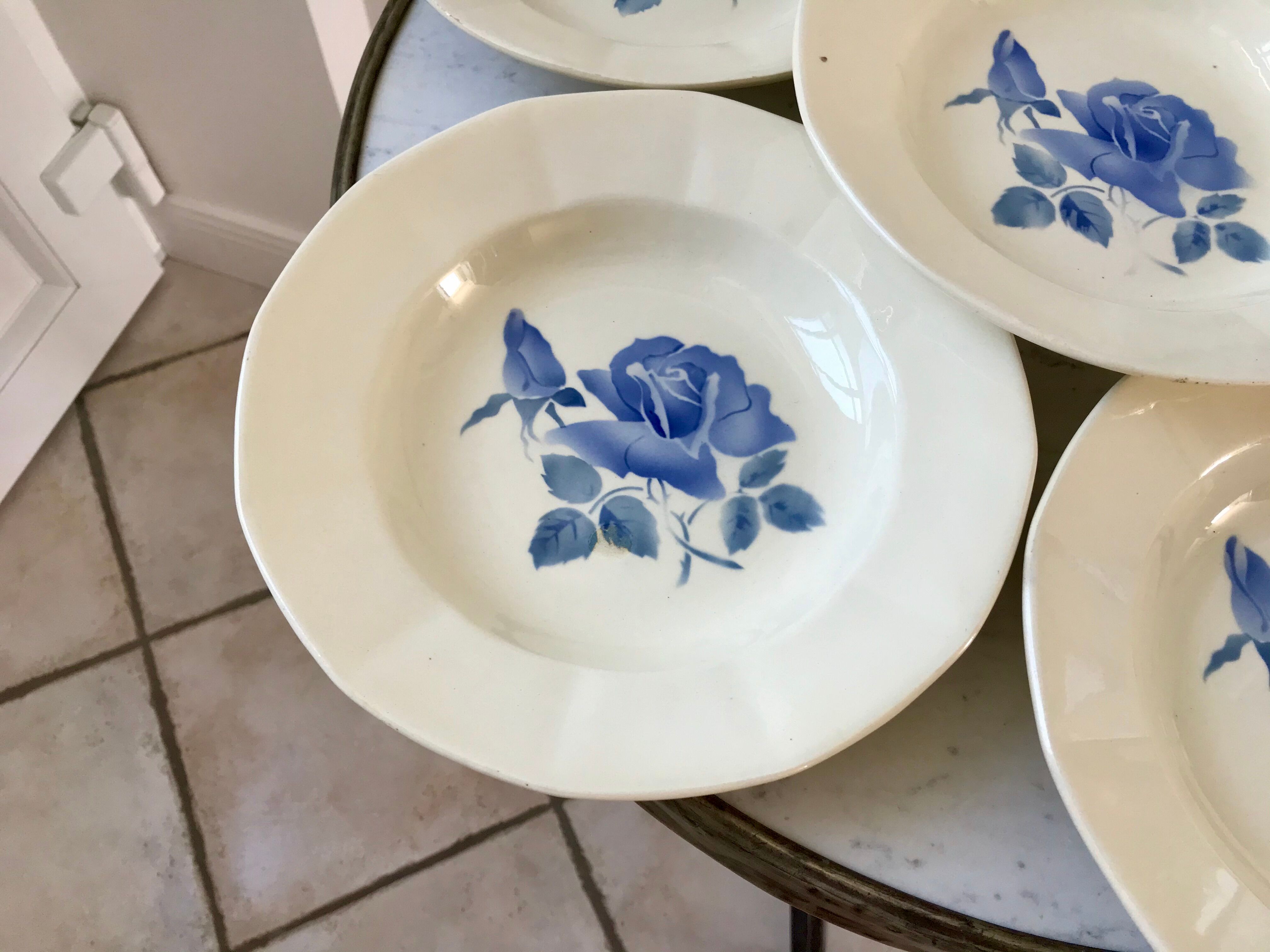 6 hollow plates Digoin Sarreguemines blue flowers 30s