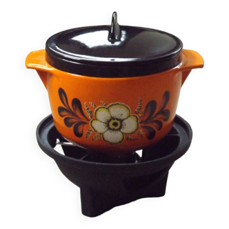 Vintage French Normar Cast Iron Enameled Bright Orange Floral Fondue Set 4615