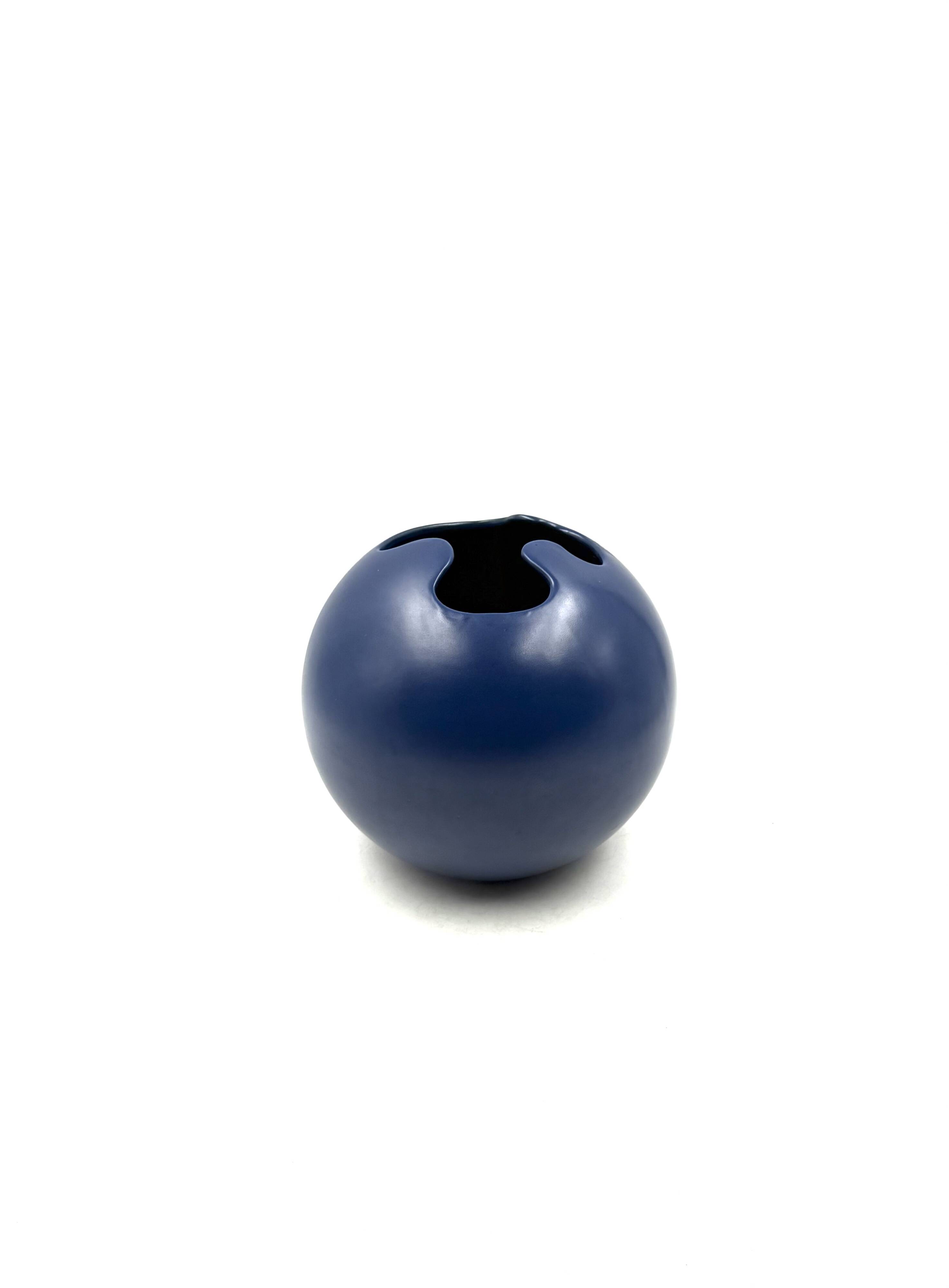 Modern blue spherical ceramic vase, Italy 1970