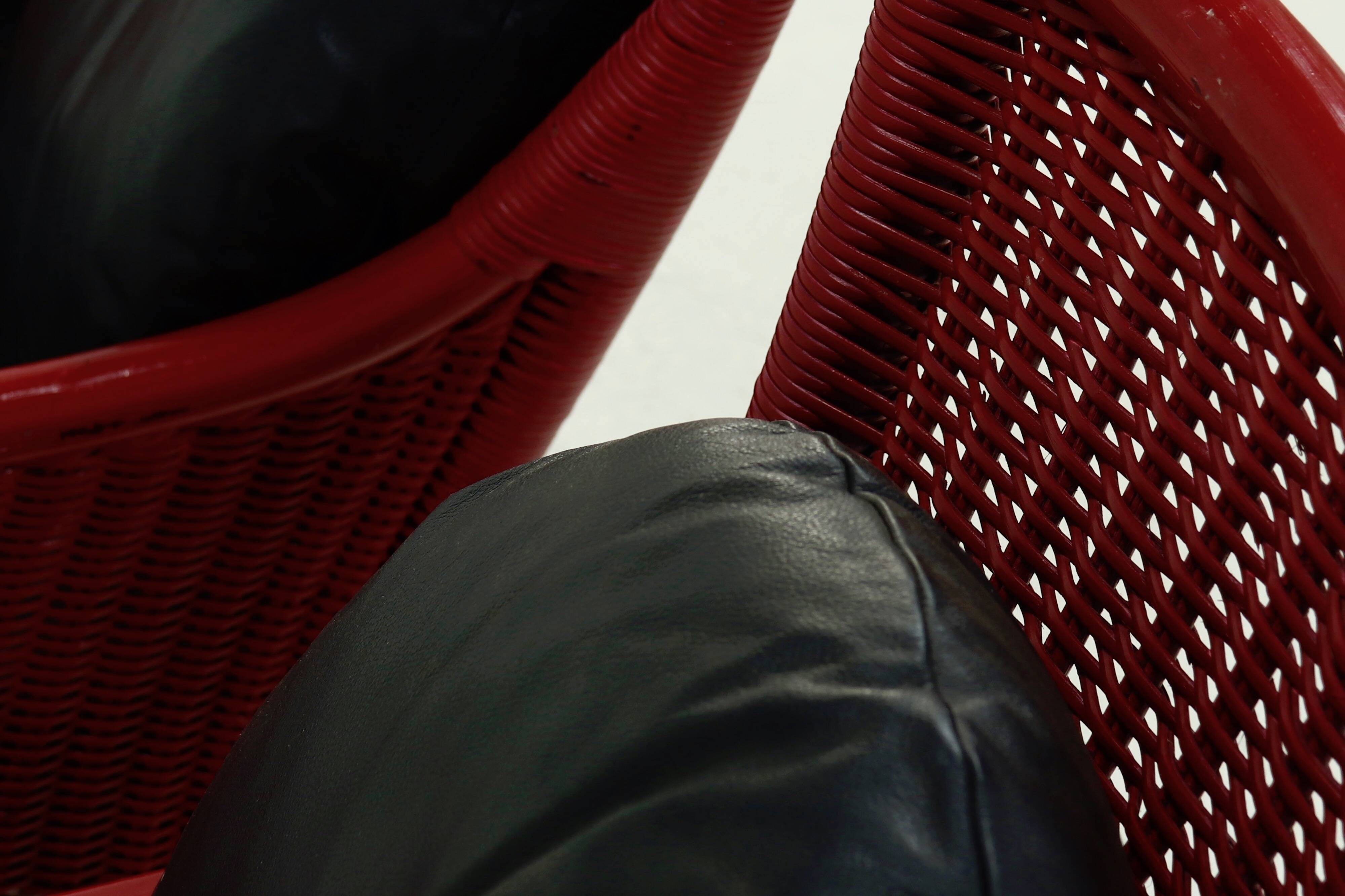 Set of 2 Sculptural Lounge Chairs in Red Lacquered Rattan 1970s