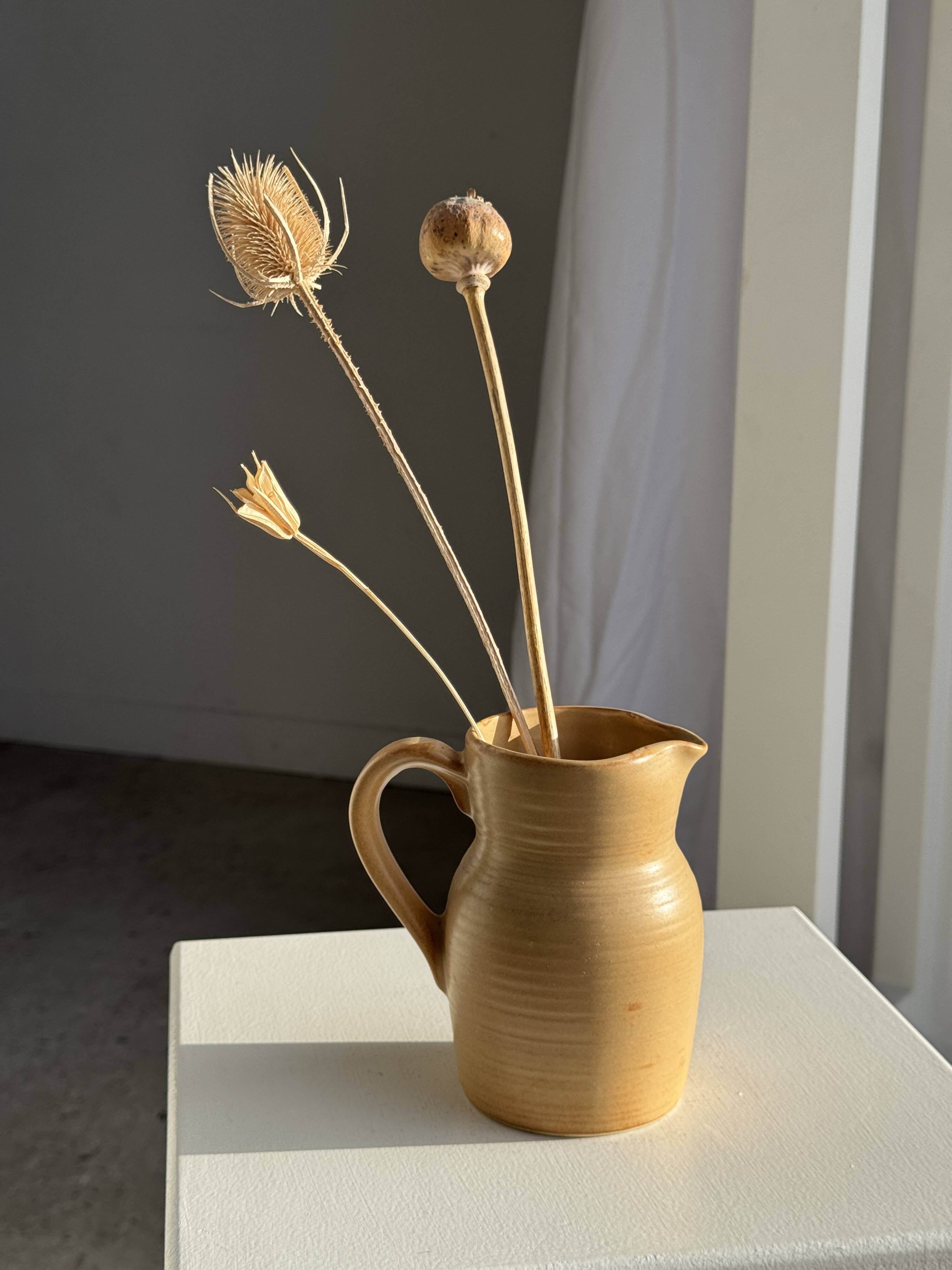 Small vintage jug engraved 50cl matte beige stoneware H14