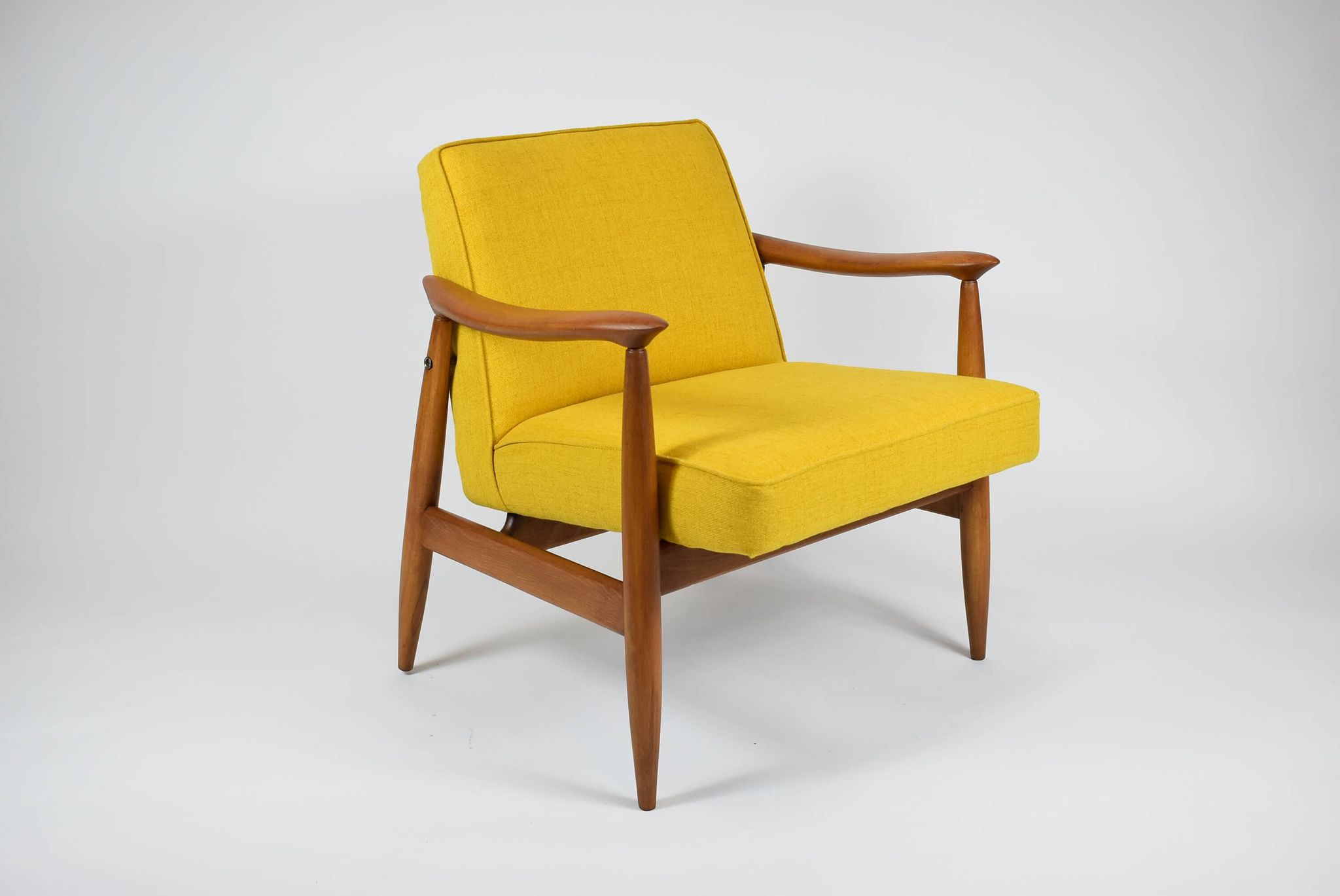 Vintage original armchair , 1960s, fully restored, yellow fabric, teak
