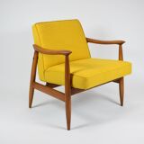 Vintage original armchair , 1960s, fully restored, yellow fabric, teak