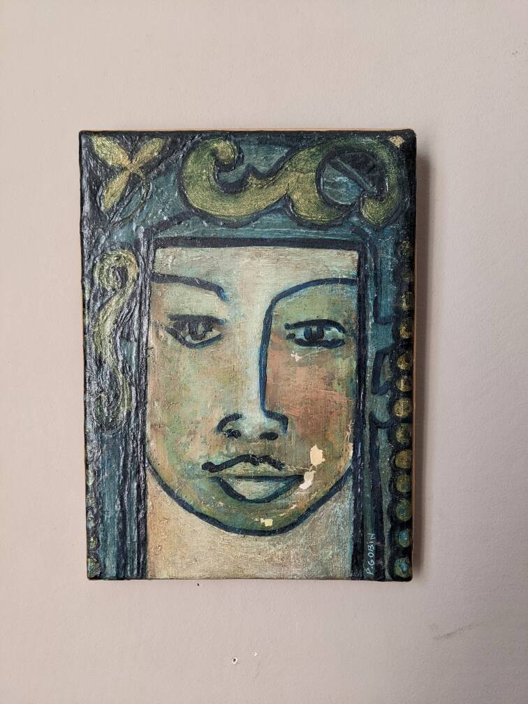 Antique acrylic painting on canvas vintage ethnic tribal portrait
