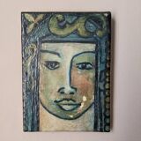 Antique acrylic painting on canvas vintage ethnic tribal portrait