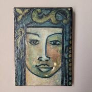 Antique acrylic painting on canvas vintage ethnic tribal portrait