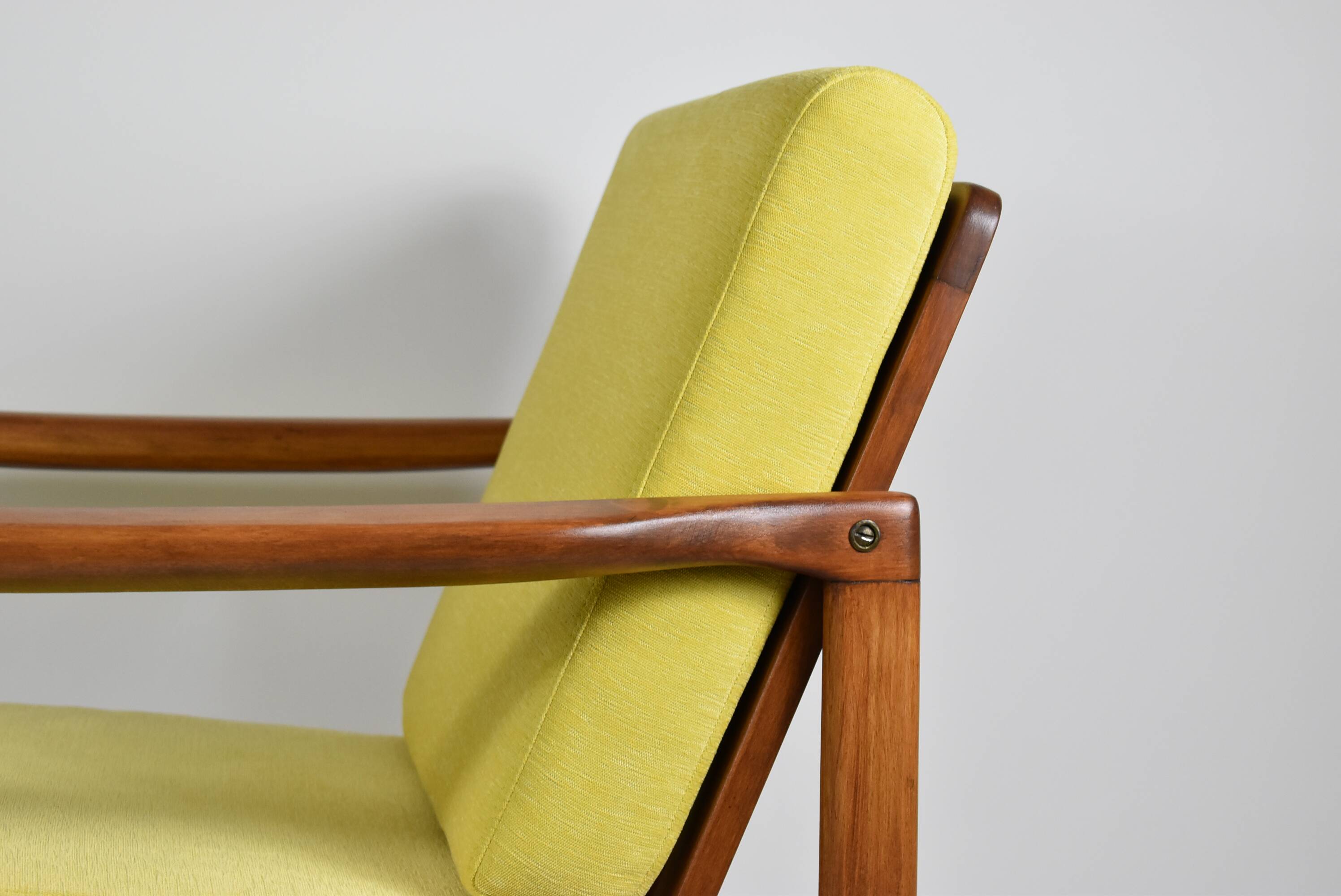 Scandinavian restored armchair, original 60s icon, yellow, teak