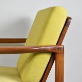 Scandinavian restored armchair, original 60s icon, yellow, teak