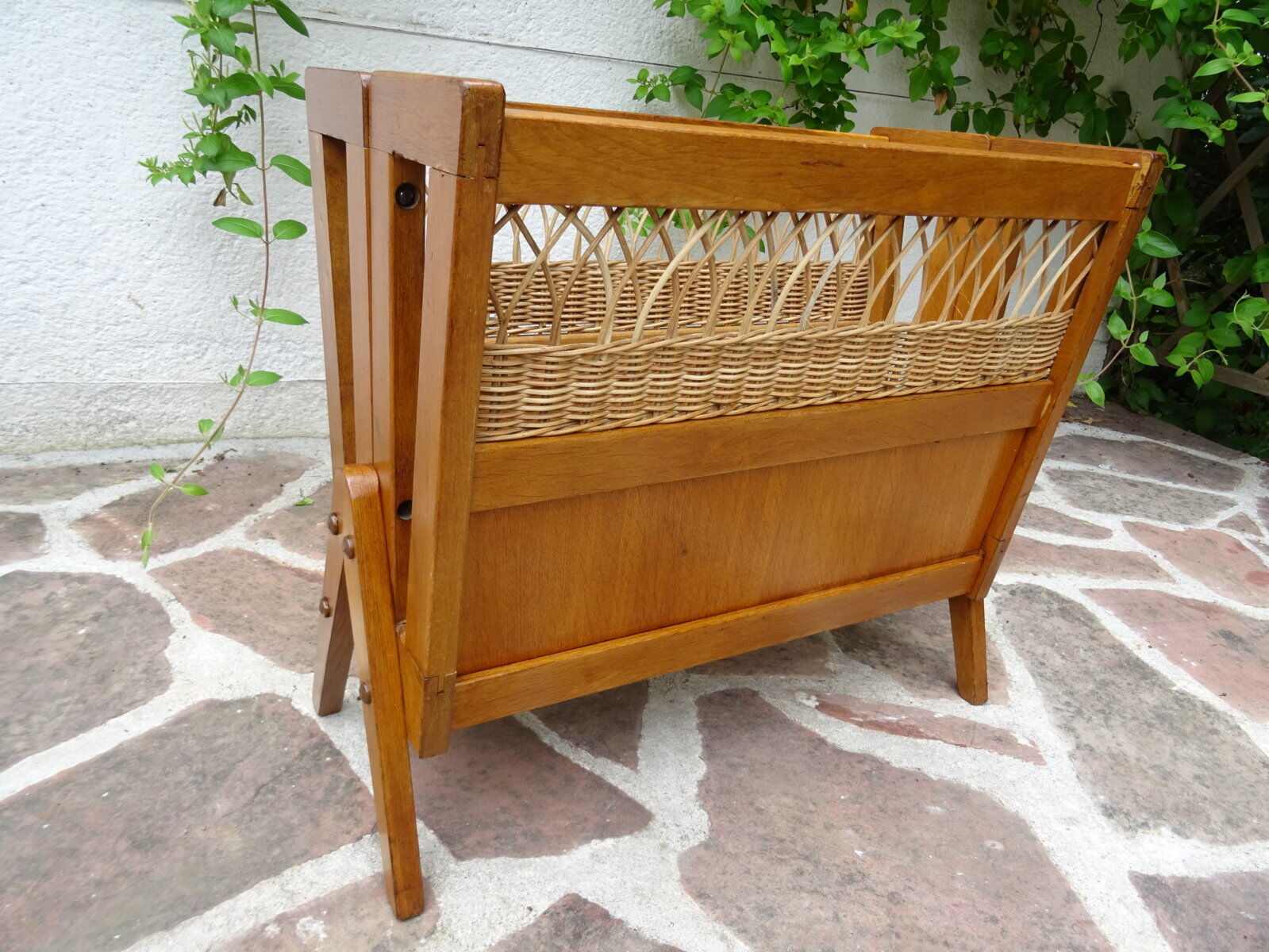 Oak and rattan magazine rack