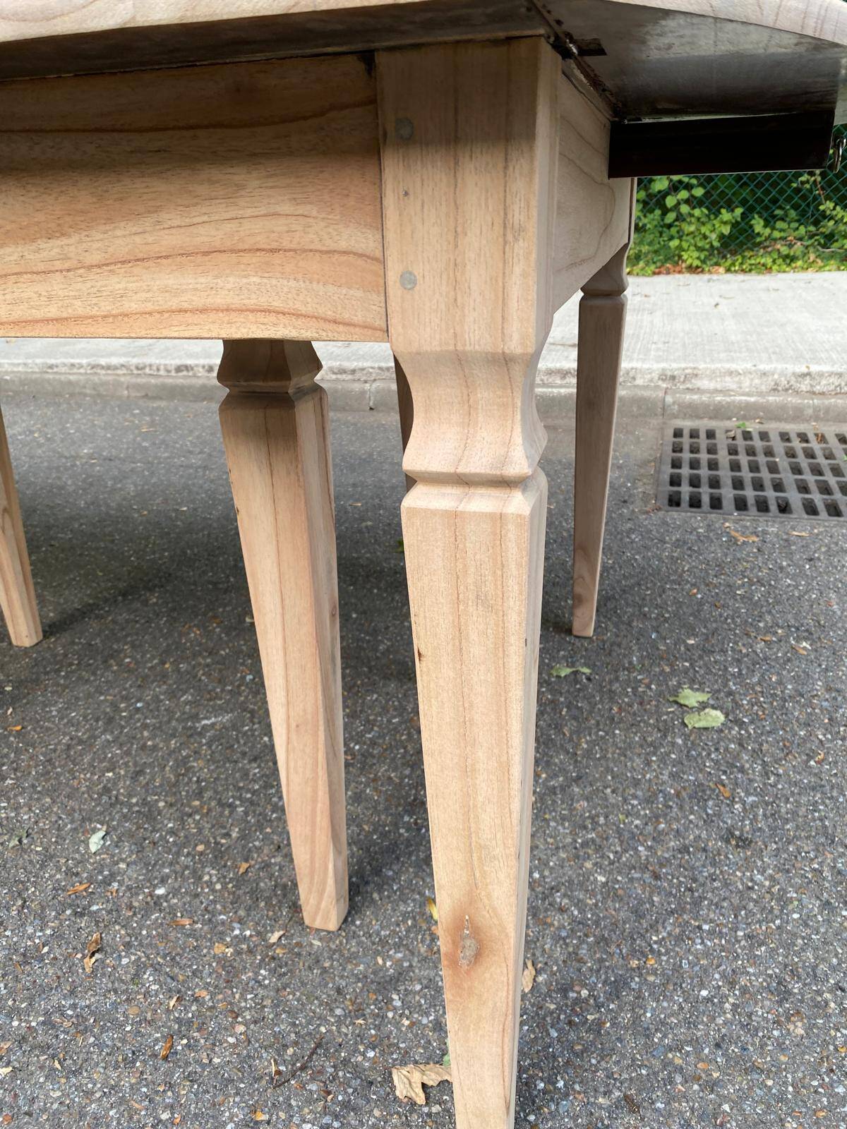 Renovated square extendable dining table in raw solid cherry wood, Louis XVI style.