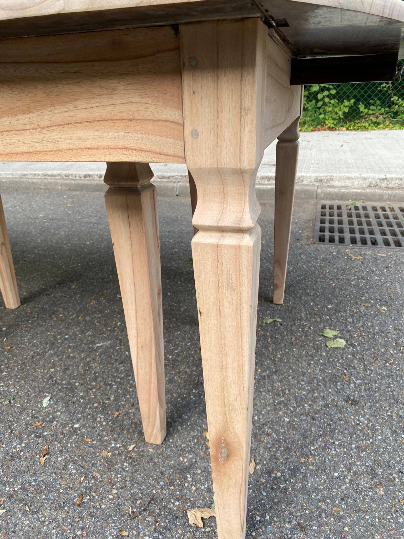 Renovated square extendable dining table in raw solid cherry wood, Louis XVI style.