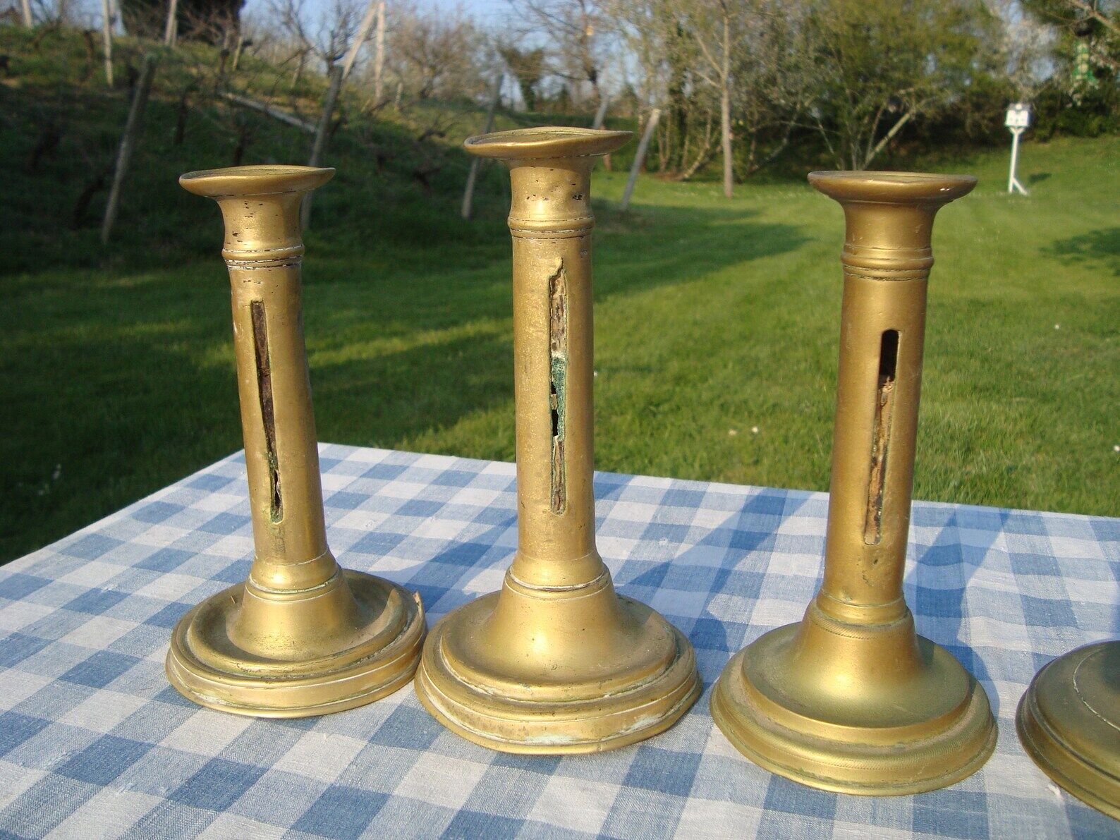 Set of 8 antique brass chandeliers