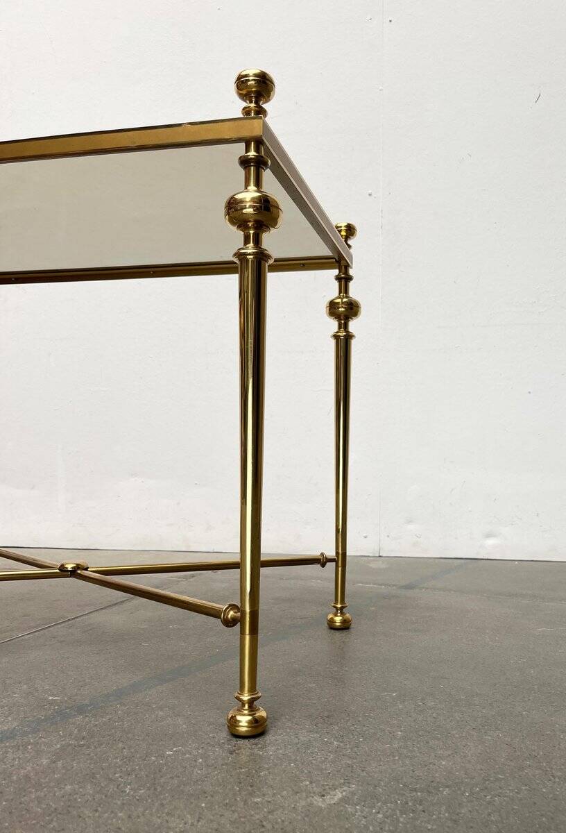 Mid-century Hollywood neoclassical brass and glass side or bedside tables attributed to Vereinigte Werkstätten, Germany, 1960s, set of 2.
